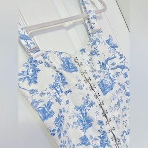 For Love & Lemons Monika Hook Front Printed Mini Dress in Blue & White Denim